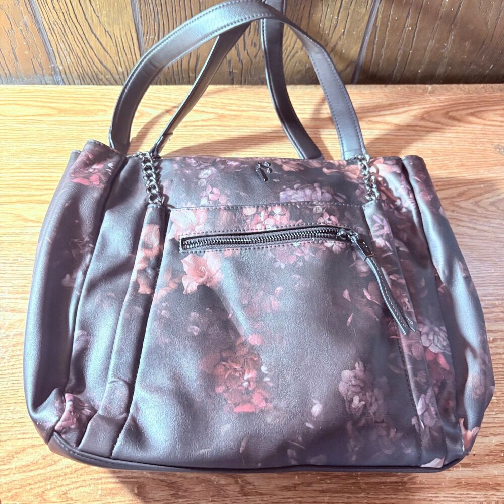 Simply Vera Wang Rockbridge Tote Bag Black Brown Floral Handbag Purse Used